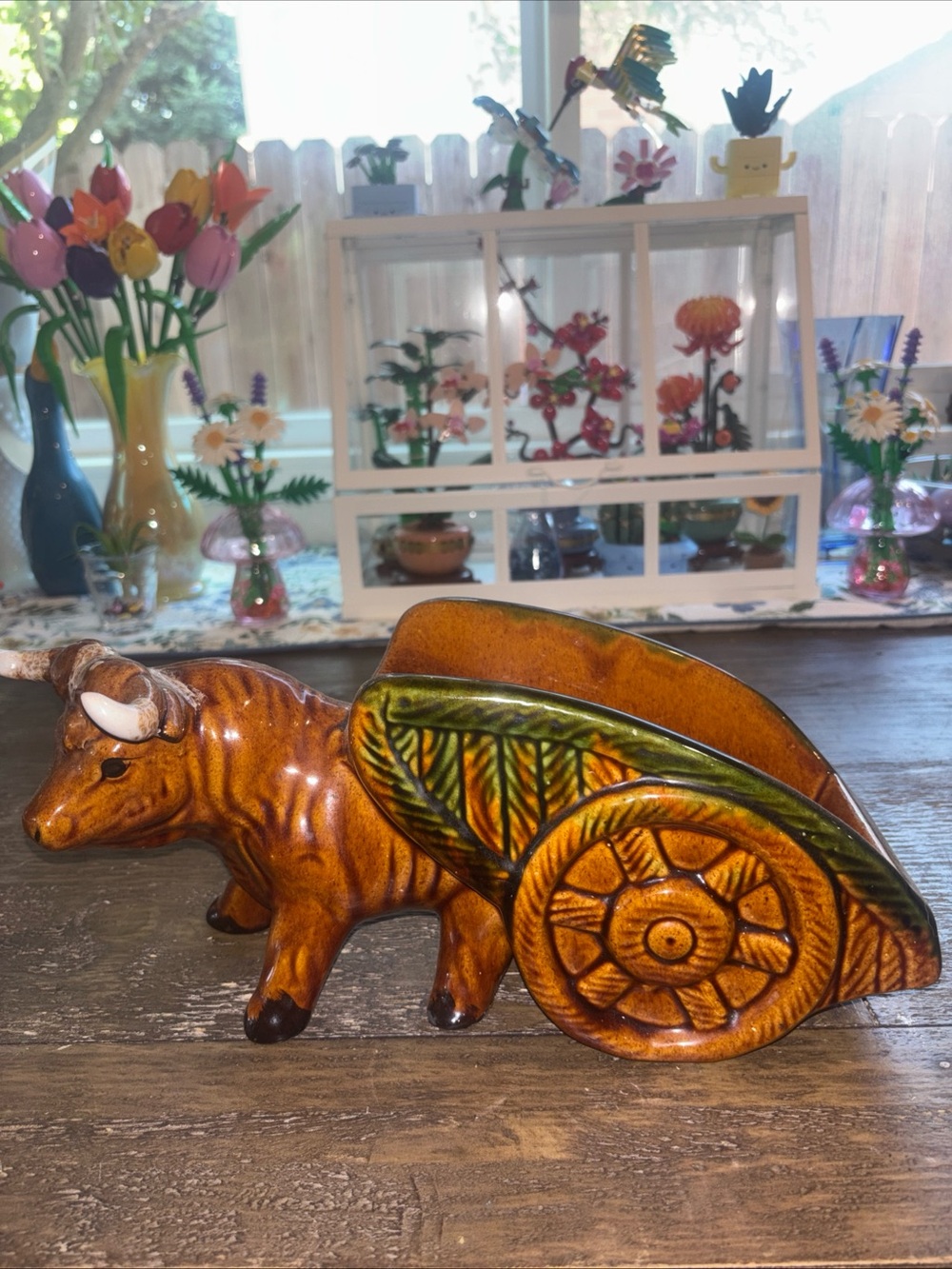 Vintage Ceramic Ox Cart Figurine in Brown and Green